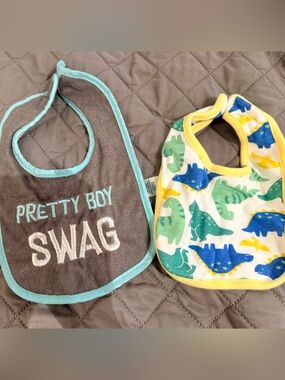 Gray 'Pretty Boy Swag' and Blue/Yellow Dino Baby Bib Set